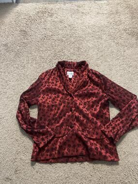 K.C. Spencer Blazer Womens 10 Red Floral Satin Single Breasted Pockets Dressy